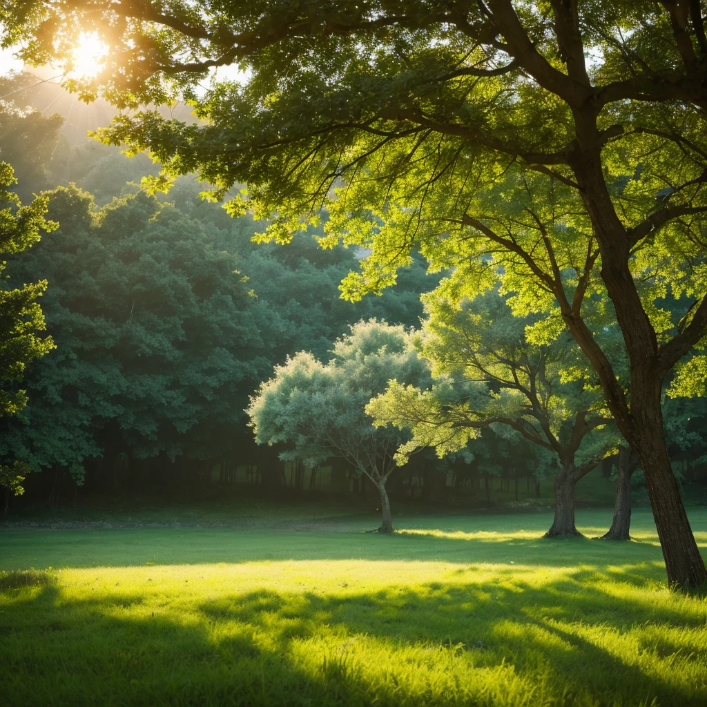 Two trees、The light surrounds the tree、The tree shines、Ultra-realistic、8K、photograph、grassland、The wind is blowing、horizon