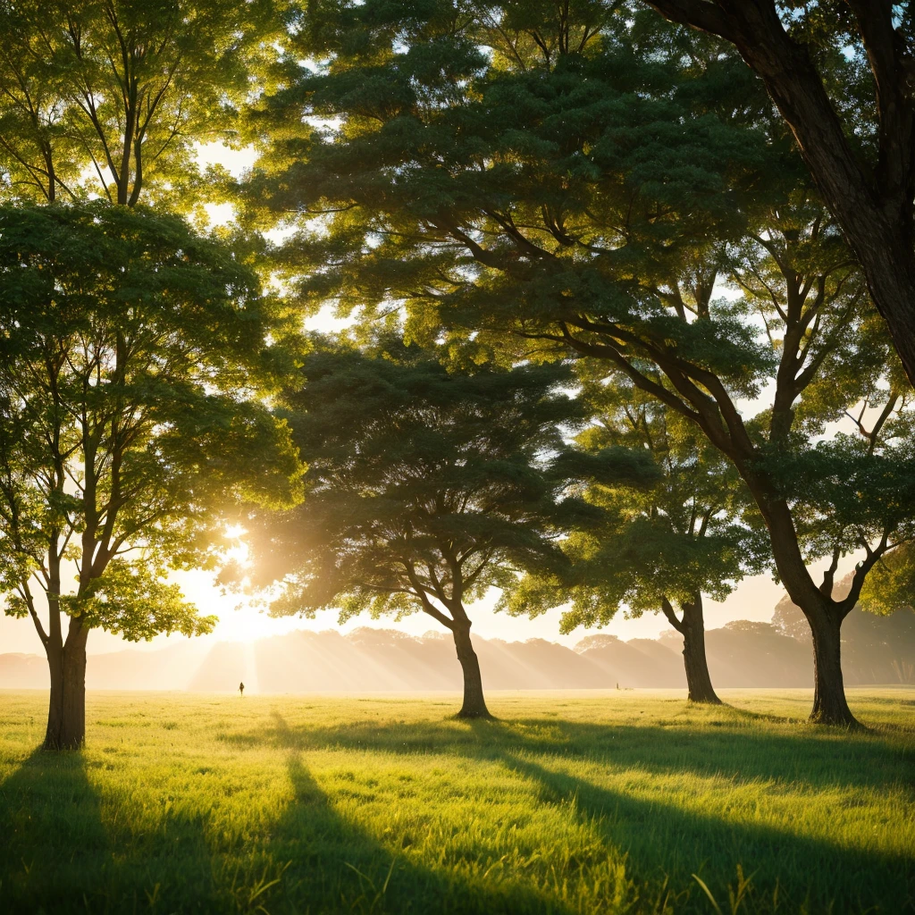 Two trees、The light surrounds the tree、The tree shines、Ultra-realistic、8K、photograph、grassland、The wind is blowing、horizon