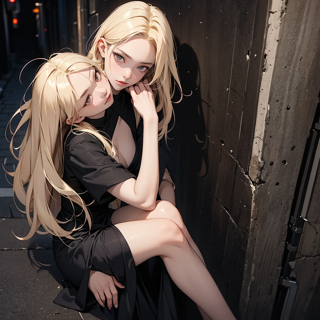 woman , very dark image, angel, injured black bat wings, white eyes, blonde hair, dark alley of the city, leaning on the walls, seriously injured.