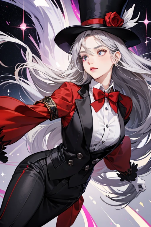 she is a human with crazy eyes, grey hair . sHe wears a black top hat with a red stripe, a red bowtie, a purple shirt with a white collar alongside a black button on its left side, black sleeves, white gloves, black pants and brown shoes. SPARKLE; GLITTER