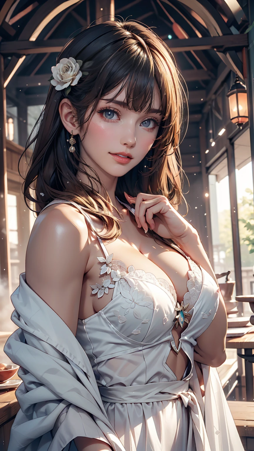 Best image quality, 4K, masterpiece, ager, White and soft skin, Blond droopy short hair, blue eyes, Green and slightly mature, Cute and soft, young, Sacred Eye, Beautiful Hair, View Lens, Face Focus, smile, Delicate facial features, Front lighting, Front light source, Portraiture, Face enlargement, Face close-up, Above the shoulders, Cute feeling, Excellent posture for capturing the scenery, Portraiture効果, Blue sky and white clouds, rose、Sexy、Sexy proportions