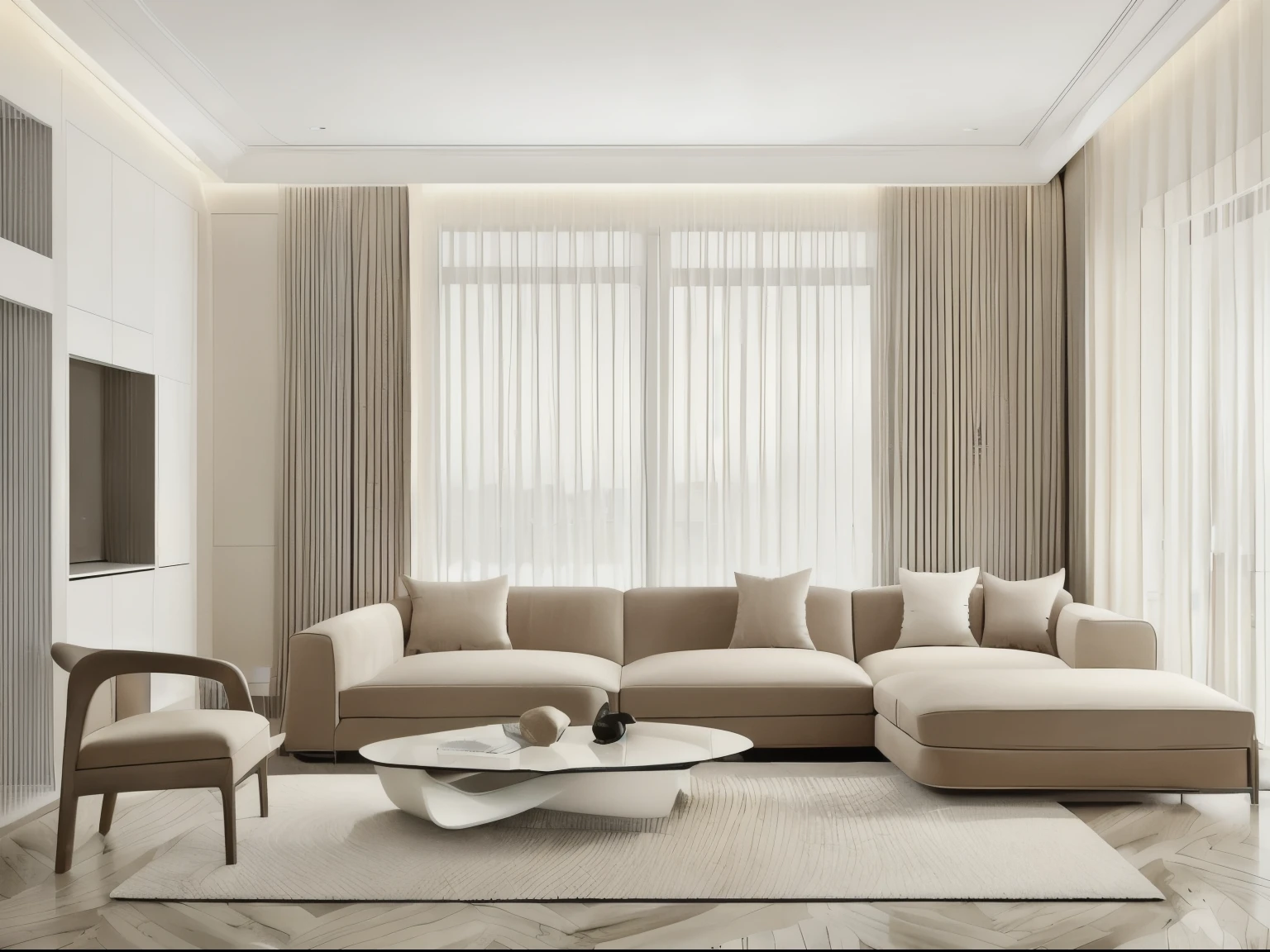 In the soft morning glow, the family living room takes on a serene and minimalist aesthetic. The delicate morning sunlight dances through the windows, causing the curtains to sway gently, casting a soft, ethereal light on the room. The decor is intentionally understated, avoiding any extravagant or ostentatious elements. The room's overall atmosphere is characterized by a bright, neutral palette, with walls painted in a faint off-white or pale gray, fostering a sense of freshness and radiance.

The furniture is selectively simple and functional. A plush fabric sofa sits prominently in the center of the living room, draped in hues of soft beige or