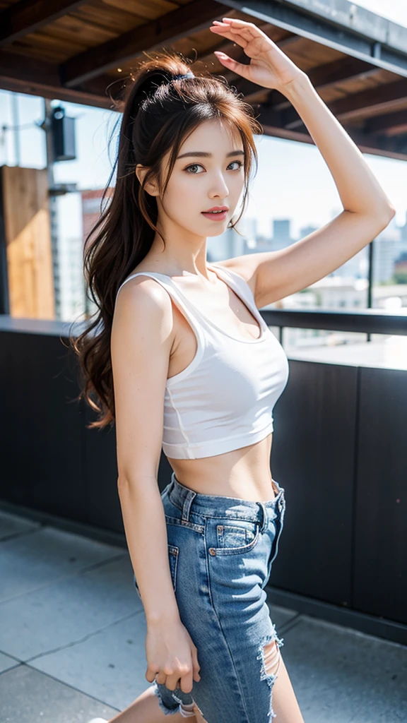 Best quality, full body portrait, delicate face, 20 years old girl, slim figure, small bust, white crop top T-shirt, waist open pink tight skirt, gymnasium scene, standing tall