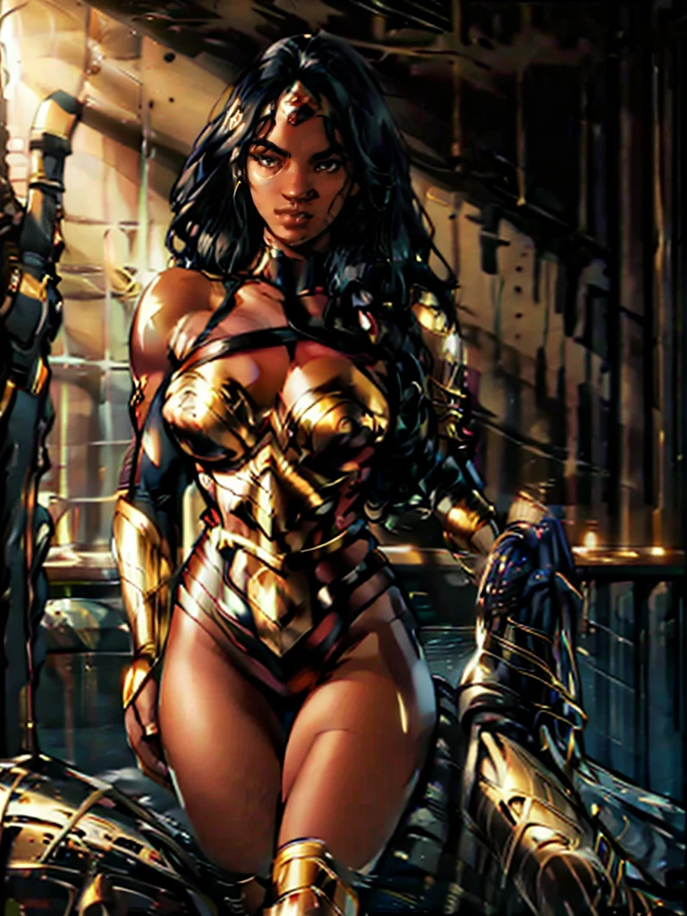 Yara Flor, dark-skinned girl, long black hair, golden tiara, black and gold leotard, armored chest piece, gold boots, fantasy, comic, (best quality, 8k, highres, masterpiece:1.2), ultra-detailed, (realistic, photorealistic, photo-realistic:1.37), digital painting, concept art, dramatic lighting, intricate details, cinematic composition, rich colors, vibrant, striking pose, powerful presence