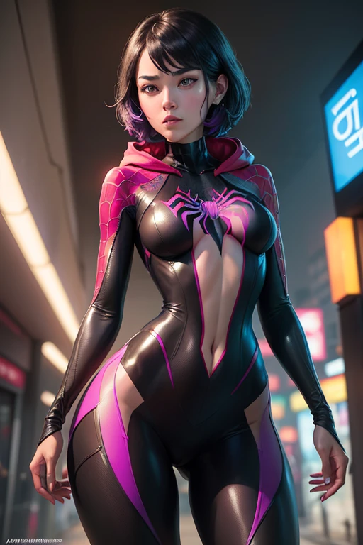 (gyeongsan:1.5), close up, masterpiece, best quality, raw photo, photorealistic, face, incredibly absurdres, beautiful girl, cute, short hair, depth of field, highres, ultra-detailed, finely detail, extremely detailed, extremely detailed eyes and face, sharp pupils, realistic pupils, sharp focus, ccinematic lighting spider - man and the sinister spider - woman, spider - gwen, spider-gwen, ( ( spiderwoman ) ), spider woman, spiderverse, spider - verse art style, gwen stacy, textless, spider gwen, miles morales, into the spider verse, into the spiderverse, artgerm and ilya kuvshinov, marvelous, spiderwoman!!A girl with long black hair that wavy on the bottom, wearing a purple and black spiderman outfit with a purple hoodie and four piercings in each ear.