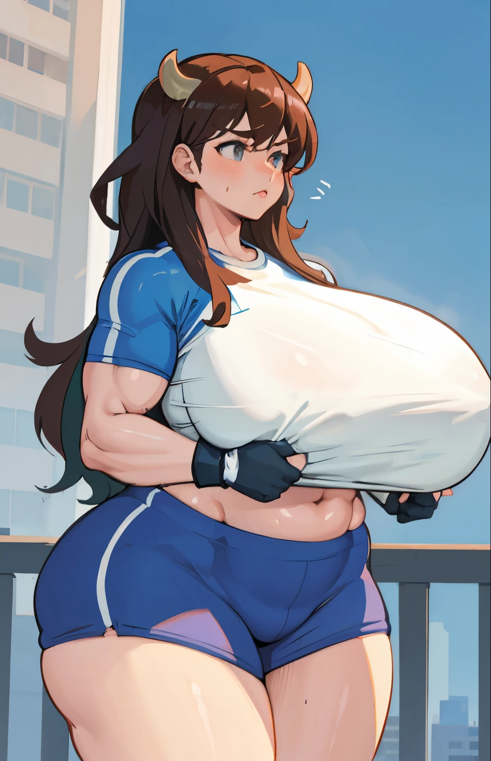 Muscular cow woman with giant breasts huge big big big big, with thighs massive beefy muscular thick thick thick big big big, in tight sportswear, in the city