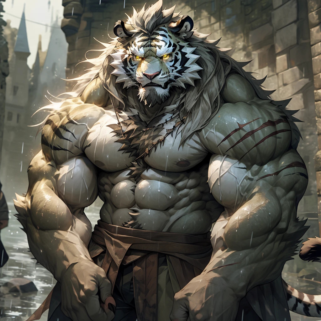sweaty muscular torso naked raining medieval huge castle fortress hairy anthropomorphic chest hair serious face(scars in the face) Mature (Golden Eyes)Huge muscle ripped abs wild,Tribal Ambition White Tiger