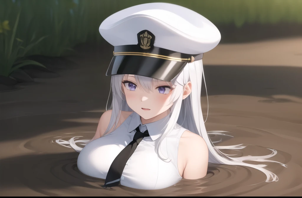 (Quicksand),(partially submerged),(detailed face:1.4),(masterpiece, best quality:1.2),illustration,8k,hd,1girl,solo,cowboy shot,long_hair,necktie,white hat,skirt,white_hair,thighhighs,peaked_cap,purple_eyes,sleeveless,breasts,shirt,white shirt,black_necktie,sleeveless_shirt,pleated_skirt,very_long_hair,large_big breasts,