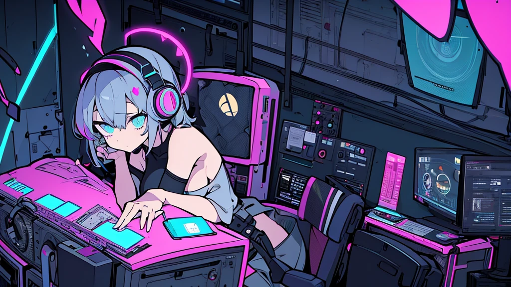 Best quality, (masterpiece:1.2), best detail face, 1 girl, big breasts, 18 yo, 8k,absurdres,unity 8k wall paper,(extremely detailed:1.3), highest realistic, (retro simple headphones:1.1), (soft neon light:1.1), (floating hair:1.2), (psychedelic:1.2), Her room full of music equipment and plants, Leaning back on the chair with a casual attitude, Light clothing in summer, dark grey color palette, black hair
