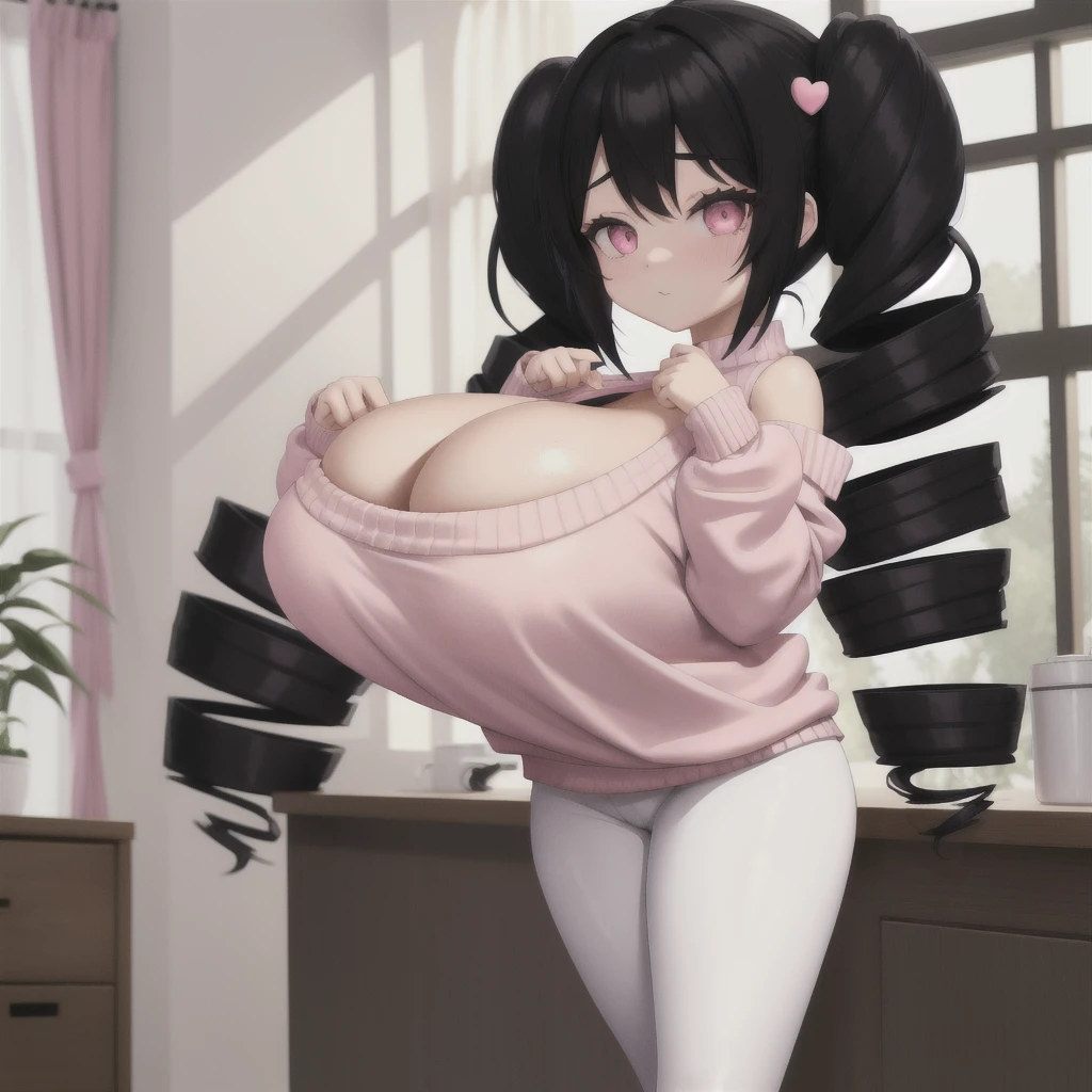 black hair, female, twin drills, solo, smol, pink eyes, massive breasts, very long hair, sexy pose, wear plain white sweater and leggings, masterpiece, ultra high quality