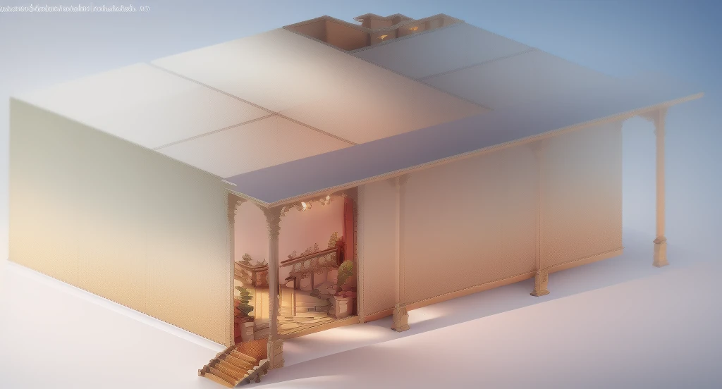 a rendering of a house with a red carpet and a staircase, isometric view from behind, containing tables and walls, isometric perspective view, 2 d axonometric overhead view, production volume rendering, 2 d render, isometric view!!!!, modular detailed, orthographic 3d rendering, 3 - d render, accurate isometric viewpoint, low angle dimetric rendering