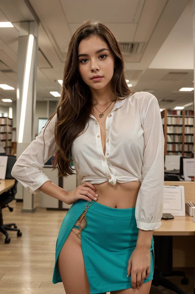 1girl in, age 20, Square face, Long hair, Looking at Viewer, jewelry, Realistic, A sexy, office outfits, multicolored outfits, Library background, free pose