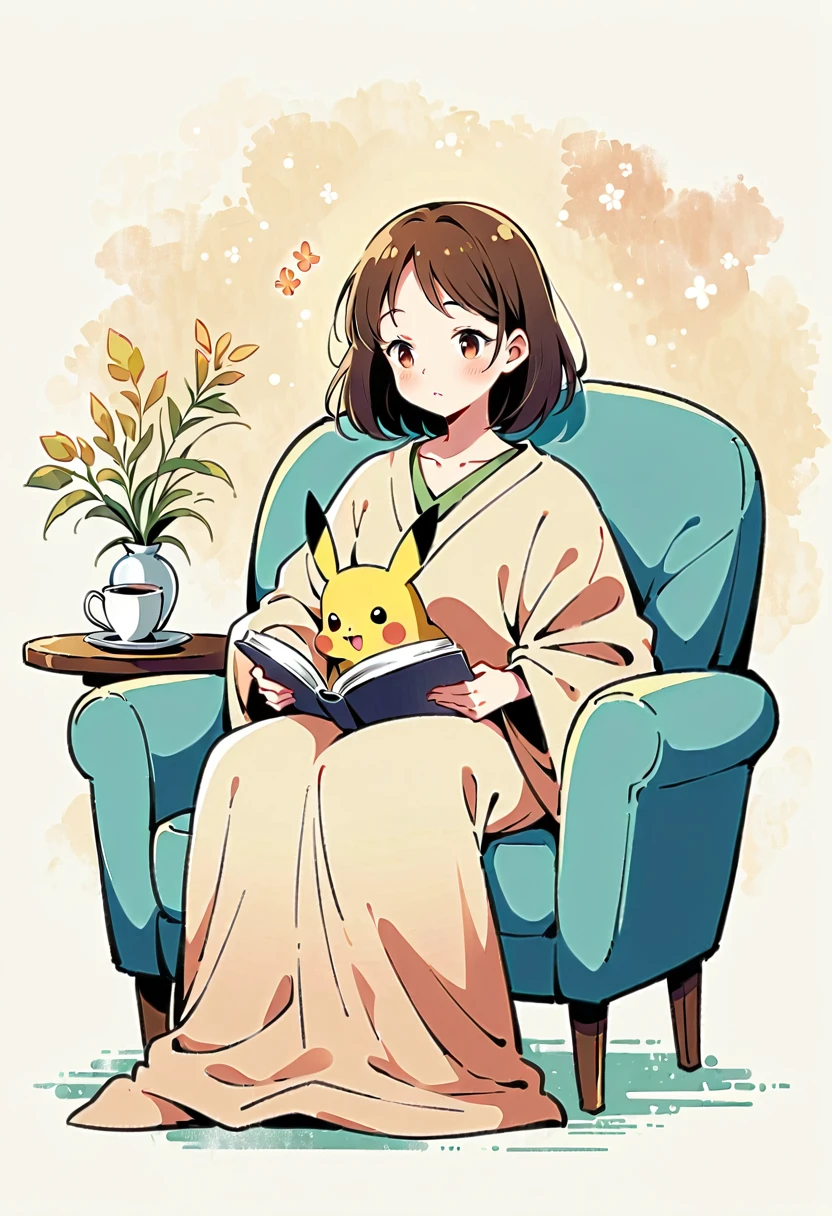 illustration of Pikachu relaxing in a cozy chair while reading a book. Pikachu should be sitting comfortably with a book open on its lap. Include a warm, inviting background with a small table holding a cup of tea and a soft blanket draped over the chair. The atmosphere should be peaceful and cozy.