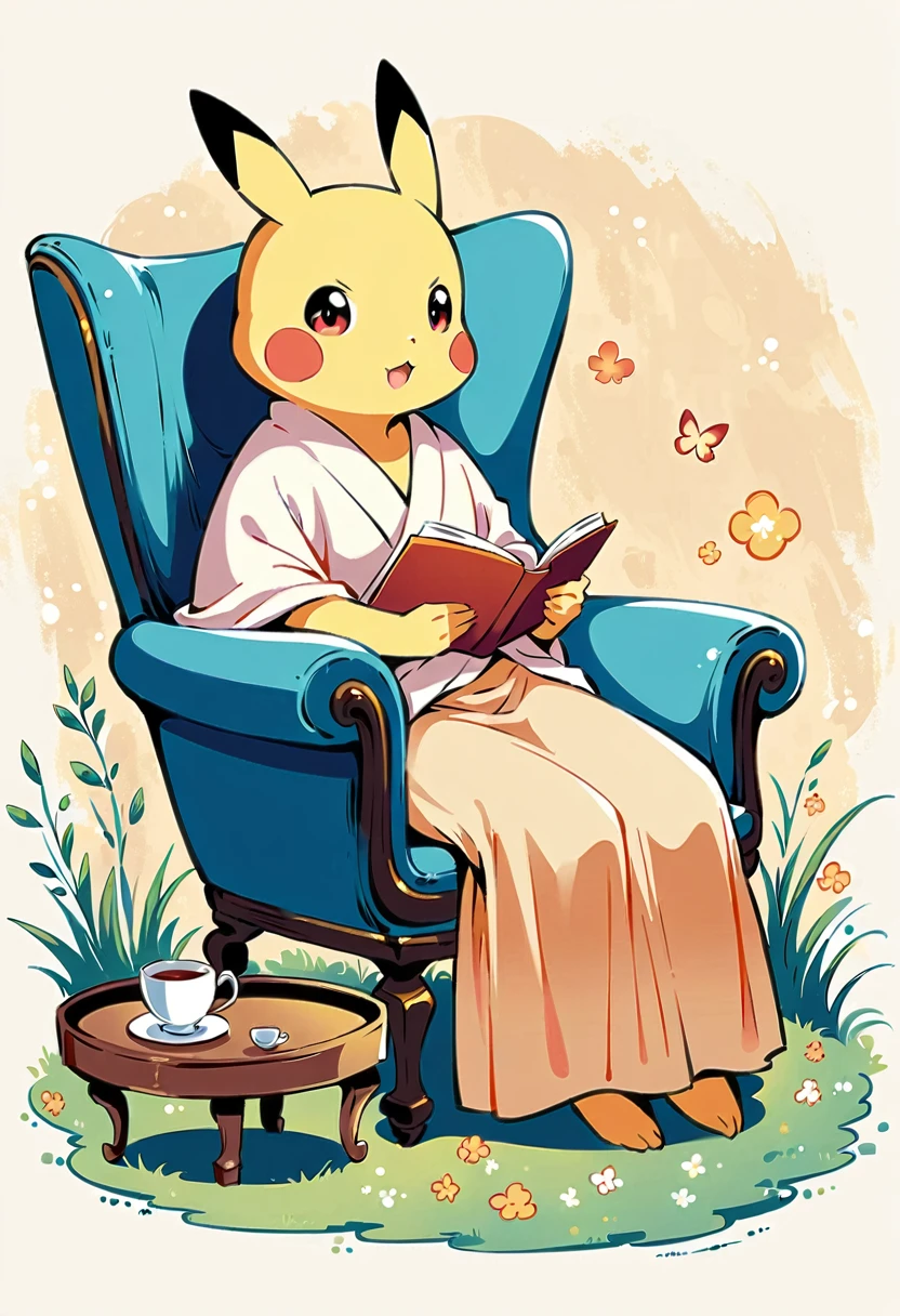illustration of Pikachu relaxing in a cozy chair while reading a book. Pikachu should be sitting comfortably with a book open on its lap. Include a warm, inviting background with a small table holding a cup of tea and a soft blanket draped over the chair. The atmosphere should be peaceful and cozy.