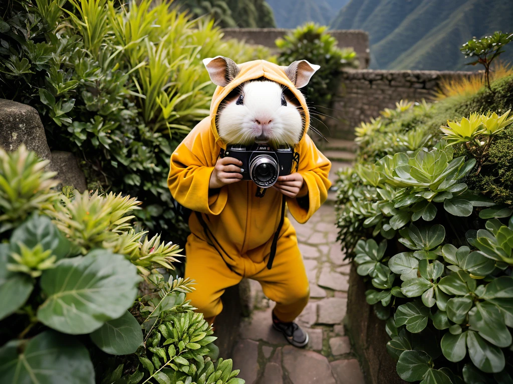raw photo, A (((chinese nerd))) dressed in guinea pig suit, hiding in bushes with old kodak camera at macchu Pichu adobe rgb, professional photography
