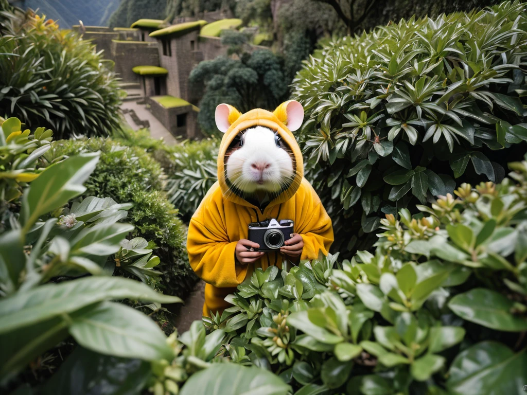 raw photo, A (((chinese nerd))) dressed in guinea pig suit, hiding in bushes with old kodak camera at macchu Pichu adobe rgb, professional photography