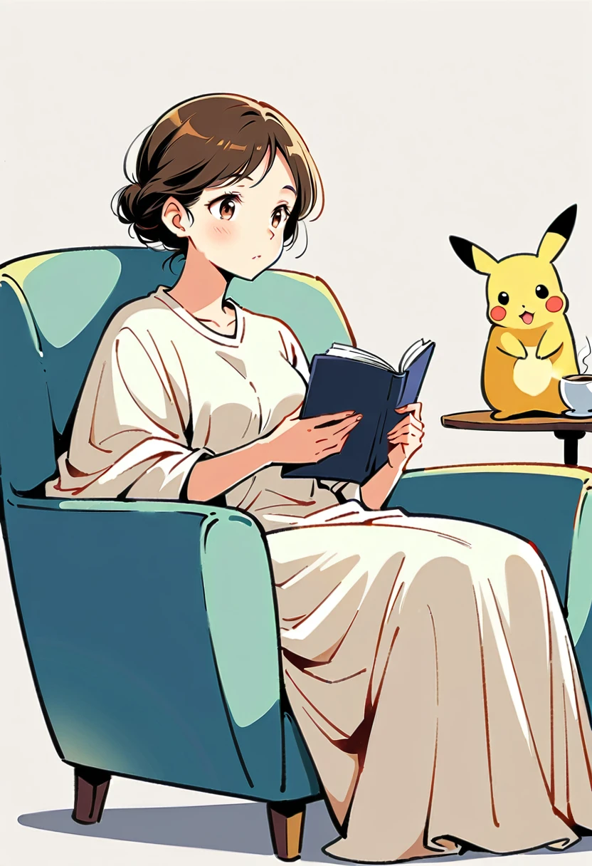 illustration of Pikachu relaxing in a cozy chair while reading a book. Pikachu should be sitting comfortably with a book open on its lap. Include a warm, inviting background with a small table holding a cup of tea and a soft blanket draped over the chair. The atmosphere should be peaceful and cozy.