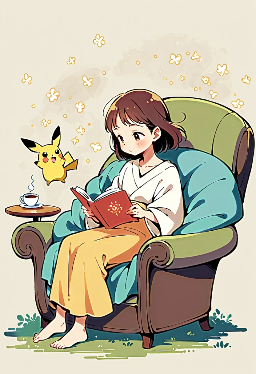 illustration of Pikachu relaxing in a cozy chair while reading a book. Pikachu should be sitting comfortably with a book open on its lap. Include a warm, inviting background with a small table holding a cup of tea and a soft blanket draped over the chair. The atmosphere should be peaceful and cozy.