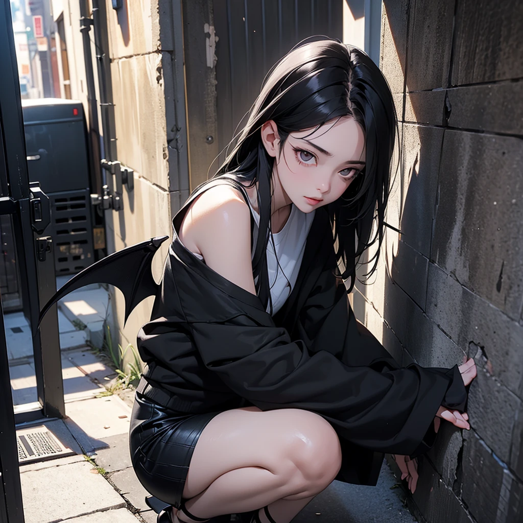 woman , very dark image, demon, injured black bat wings, white eyes, black hair, dark alley of the city, leaning on the walls, seriously injured.