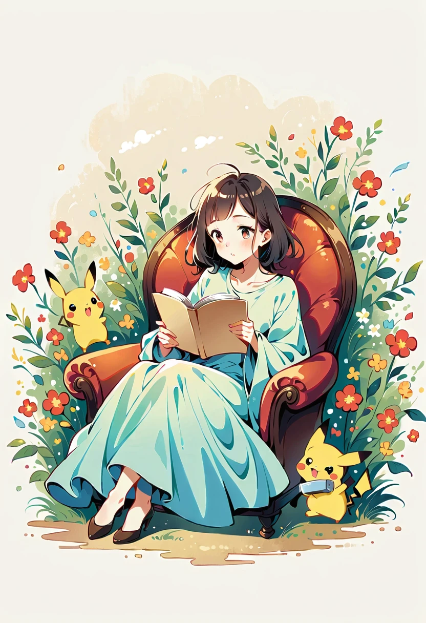 illustration of Pikachu relaxing in a cozy chair while reading a book. Pikachu should be sitting comfortably with a book open on its lap. Include a warm, inviting background with a small table holding a cup of tea and a soft blanket draped over the chair. The atmosphere should be peaceful and cozy.
