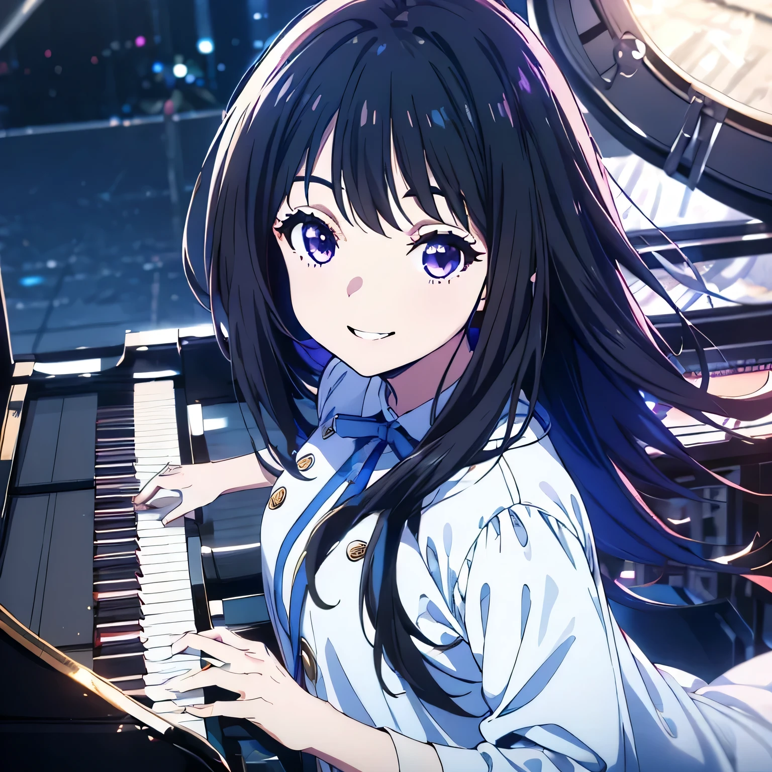 masterpiece、(((1 person)))、Delicate eyes、Inoue Check、Long Hair、Black Hair、Purple eyes、smile、Upper Body、Blue clothes、(((play piano))), Play dynamically