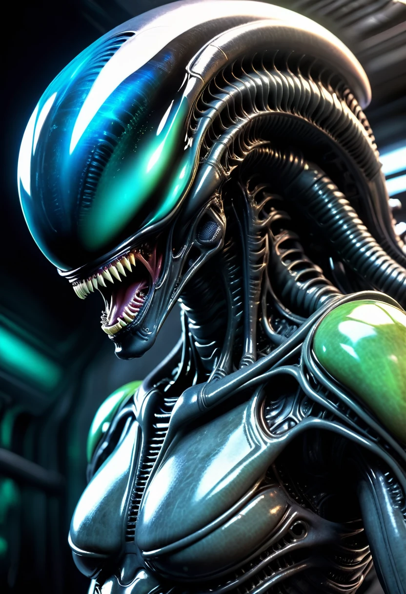 (((Extremely Close-up Xenomorph Alien the Eighth Passenger Terrifying, Surreal, and Cinematic Images, Color Splash, High Quality Detail, Ultra Detailed, Photorealistic, (Hyper-realistic Color Depth), Realistic Texture, Full Body Portrait, (Head and Chest Focus), (Translucent Alien Skin Beneath Glowing Brightly), (Cinematic Lighting - Dramatic Contrast), Mechanical Alien