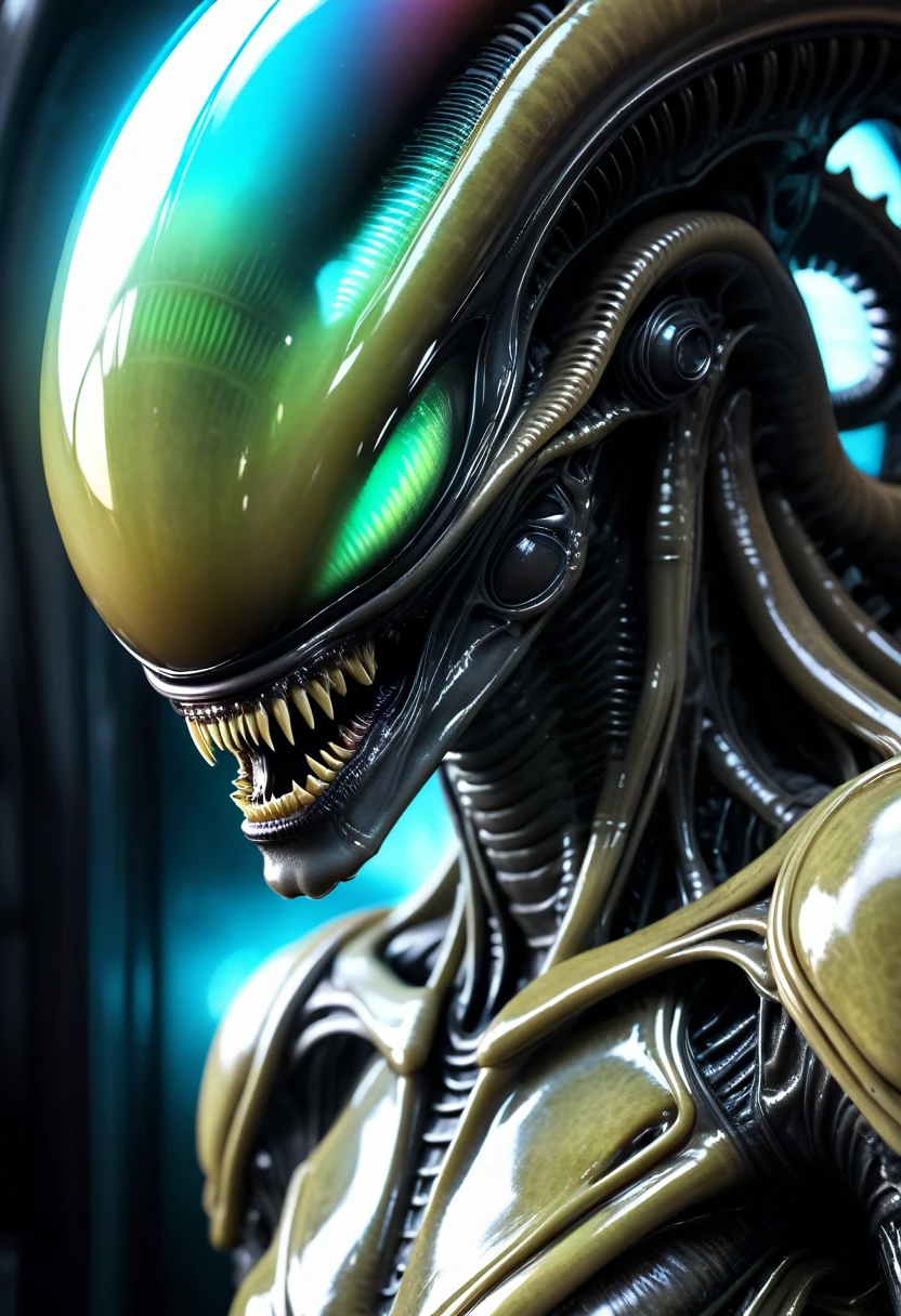(((Extremely Close-up Xenomorph Alien the Eighth Passenger Terrifying, Surreal, and Cinematic Images, Color Splash, High Quality Detail, Ultra Detailed, Photorealistic, (Hyper-realistic Color Depth), Realistic Texture, Full Body Portrait, (Head and Chest Focus), (Translucent Alien Skin Beneath Glowing Brightly), (Cinematic Lighting - Dramatic Contrast), Mechanical Alien