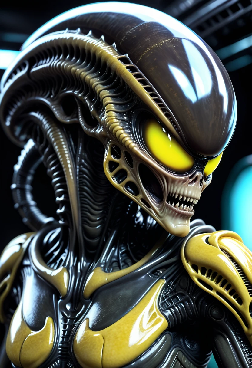 (((Extremely Close-up Xenomorph Alien the Eighth Passenger Terrifying, Surreal, and Cinematic Images, Color Splash, High Quality Detail, Ultra Detailed, Photorealistic, (Hyper-realistic Color Depth), Realistic Texture, Full Body Portrait, (Head and Chest Focus), (Translucent Alien Skin Beneath Glowing Brightly), (Cinematic Lighting - Dramatic Contrast), Mechanical Alien