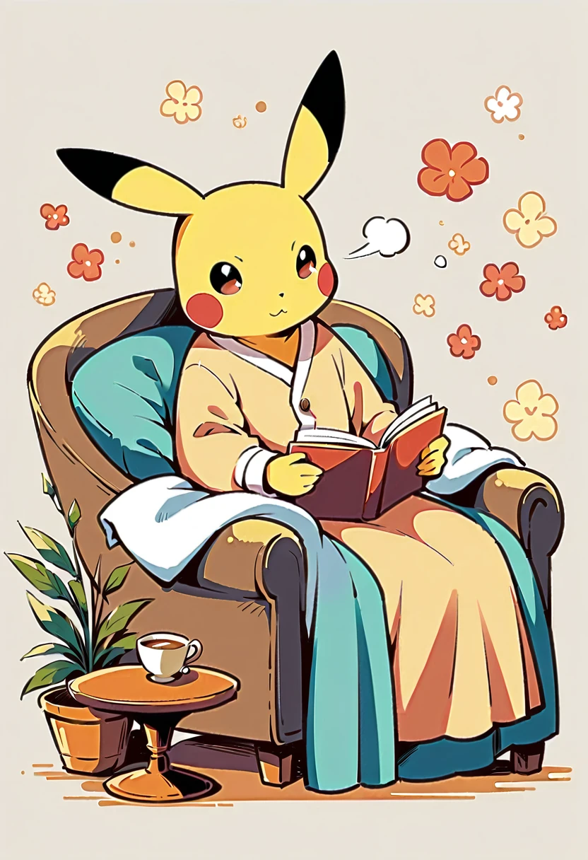 illustration of Pikachu relaxing in a cozy chair while reading a book. Pikachu should be sitting comfortably with a book open on its lap. Include a warm, inviting background with a small table holding a cup of tea and a soft blanket draped over the chair. The atmosphere should be peaceful and cozy.