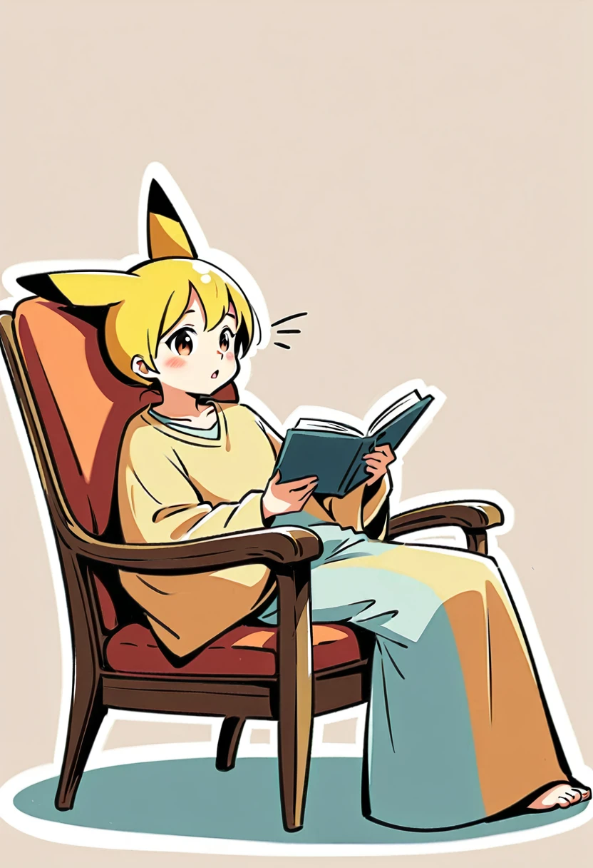illustration of Pikachu relaxing in a cozy chair while reading a book. Pikachu should be sitting comfortably with a book open on its lap. Include a warm, inviting background with a small table holding a cup of tea and a soft blanket draped over the chair. The atmosphere should be peaceful and cozy.