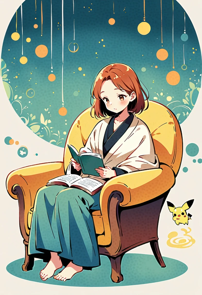 illustration of Pikachu relaxing in a cozy chair while reading a book. Pikachu should be sitting comfortably with a book open on its lap. Include a warm, inviting background with a small table holding a cup of tea and a soft blanket draped over the chair. The atmosphere should be peaceful and cozy.