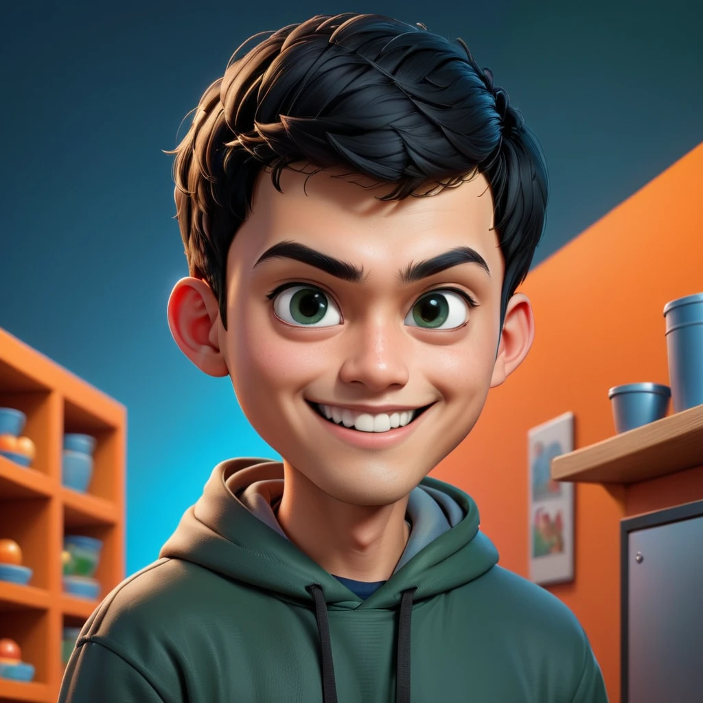 Create a cartoonish caricature 3D animation of a big-headed. a 19 year old Indonesian man. She has short black pixie cut hair. His face is oval with smooth lines, thick and neat black eyebrows, small eyes, a small, sharp nose, and thin lips with a wide, friendly smile. He wore a dark green hoodie over an orange t-shirt. Gradient blue background. masterpiece, top quality, highly detailed skin and face, ultra-realistic, high definition, sharp focus, 2/3 body angle, Concept Art.