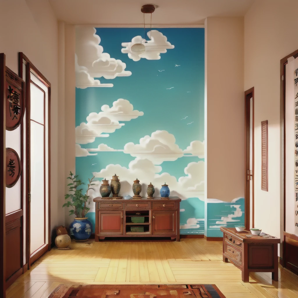 (Chinese interior, , realistic documentary photography, showing history,)room, perspective front, fan detail, porcelain fan jun, parquet floor, calm elegance, auspicious cloud mural,without glasses and nba tank top and all tattooed