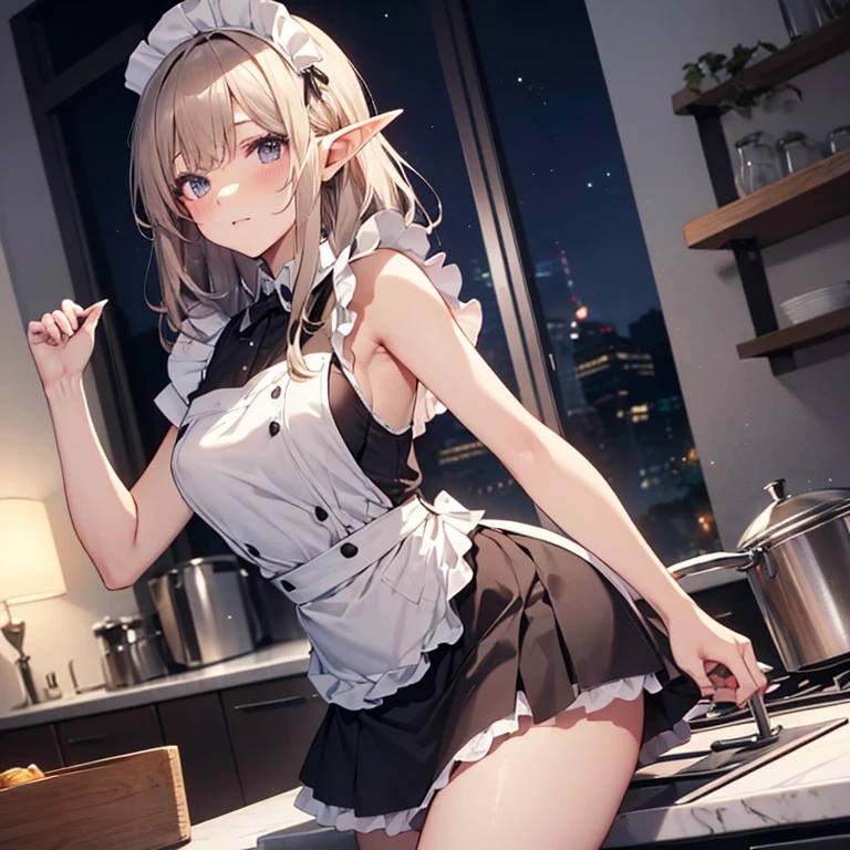 A maid, (in kitchen), various hair styles, night, details face, short skirt, seducing, sleeveless, maid uniform, armpits, elf