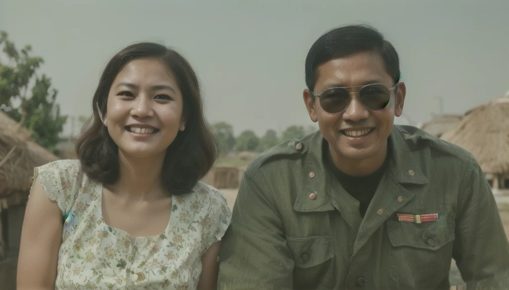 an old photo of an asian man and a white woman smiling for the camera, god emperor bongbong marcos, 1970s philippines, a colorized photo, smiling couple, realistic old photo, colorised, circa 1 9 6 9, circa 1969, colourized, colourised, inspired by Basuki Abdullah, restored photo, colorized, old photo style, enhanced photo, Basuki Abdullah, realistic old photograph, jokowi, couple, ww2 photo