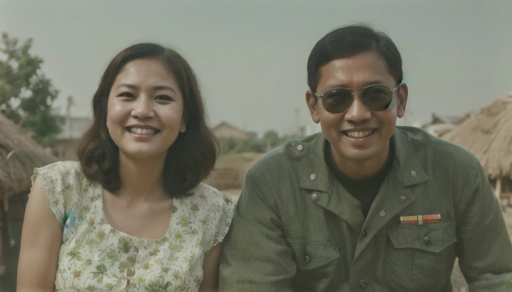 an old photo of an asian man and a white woman smiling for the camera, god emperor bongbong marcos, 1970s philippines, a colorized photo, smiling couple, realistic old photo, colorised, circa 1 9 6 9, circa 1969, colourized, colourised, inspired by Basuki Abdullah, restored photo, colorized, old photo style, enhanced photo, Basuki Abdullah, realistic old photograph, jokowi, couple, ww2 photo