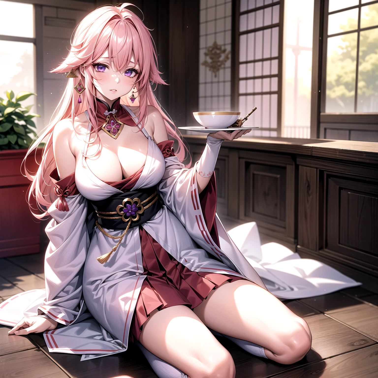 One Girl， （Urzan-6500：0.7）， K-POPアイドル， yae miko， Do not sleeve， Exposed bare shoulders， Pink Hair， Long white hair， Japanese Clothing， The best quality in the best condition， （da pintura：1.5）， （hair ornaments：1.35）， gem， Purple eyes， 耳Nipple Ring， Big cleavage， Written boundary depth， Detailed face， Face Focus， ribbon_trim， （View your audience：1.25）， Non-traditional Shrine Maiden， Shiny skin， Long sleeve， Thick lips， Game CG， （Blur the background：1.2）， sit， ，  whole body、Put your head on the urinal，Yogurt all over、whole bodyが濡れている、One Girll, Kneel, Obscene, Pee, Urine，garbage,masterpiece, Highest quality, Very detailed,Knee-high socks、Long white elbow gloves