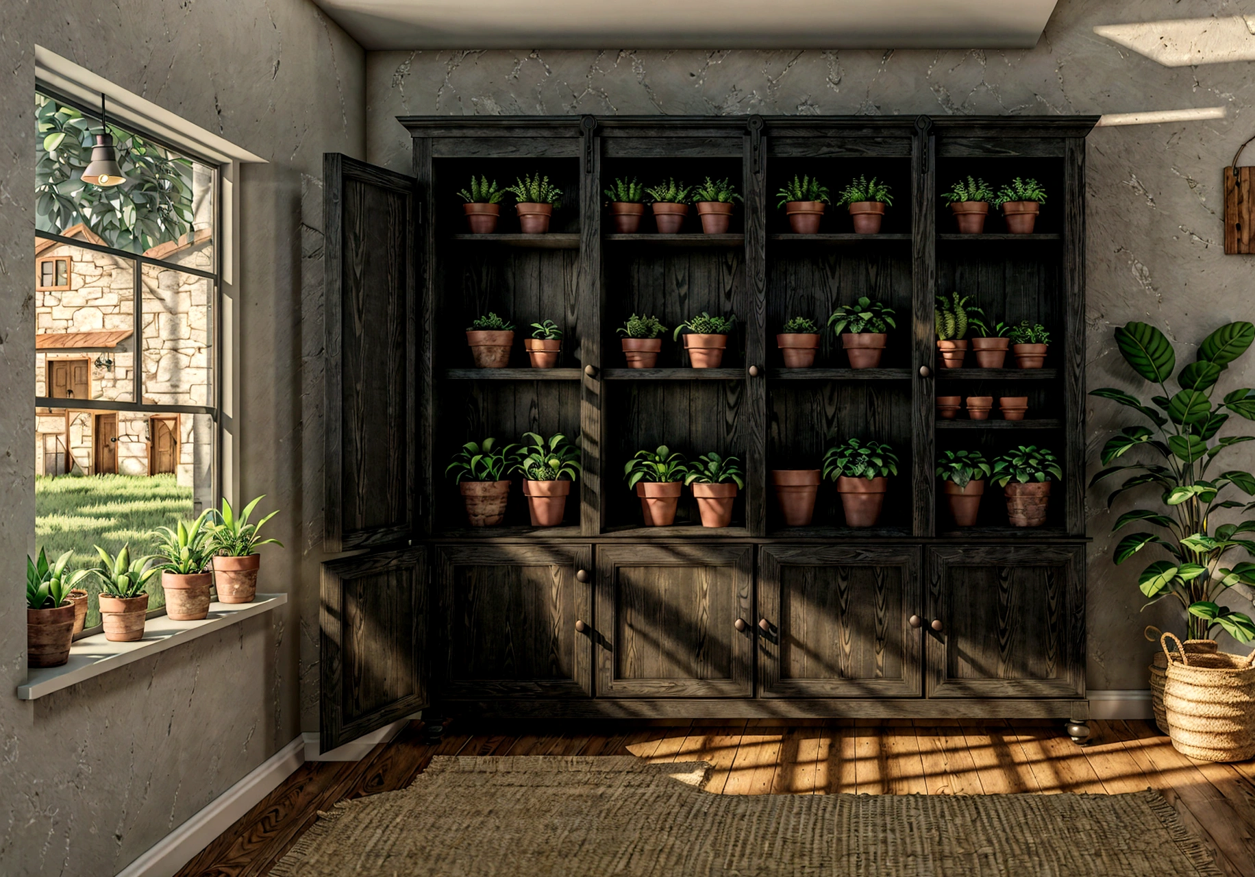 1 indoor scene, interior design, frontal wall view, eye level perspective, farmhouse style, decorative items, cabinet, potted plants, lighting, no door, no window, no people, hyper realistic, cinematic lighting, 8k, high quality, extreme detail, high resolution