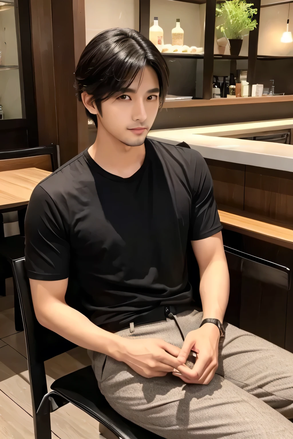 3 dimension、Japanese Male、age 30、Black Hair、idlo face、Brown eyes、short hair、With beard、Skin is slightly tanned、Shirt and pants style、Inside the cafe、Sit on a chair