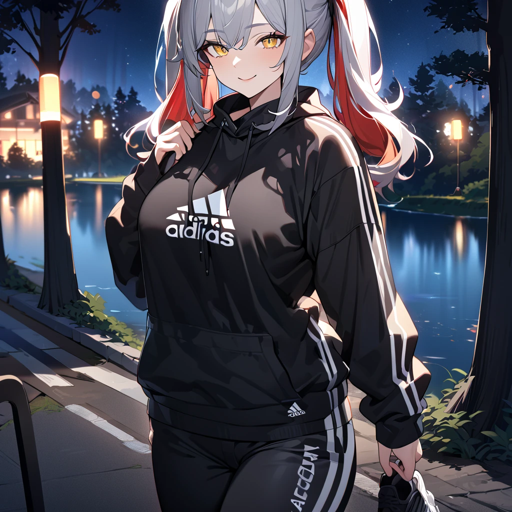 A woman wearing a black adidas sweatshirt, black adidas track pants, sports shoes, silver hair, pigtails, red bangs, multi-colored hair,a red fringe on the front of the hair, yellow eyes, smiling, big breasts walking on a sidewalk in a forest park at night, with illuminated location overlooking a lake on site, close view, UHD, prime work, accurate, anatomically correct, textured skin, super details, high quality, best quality, 8k, high resolution, bokeh effect. (woman alone)
