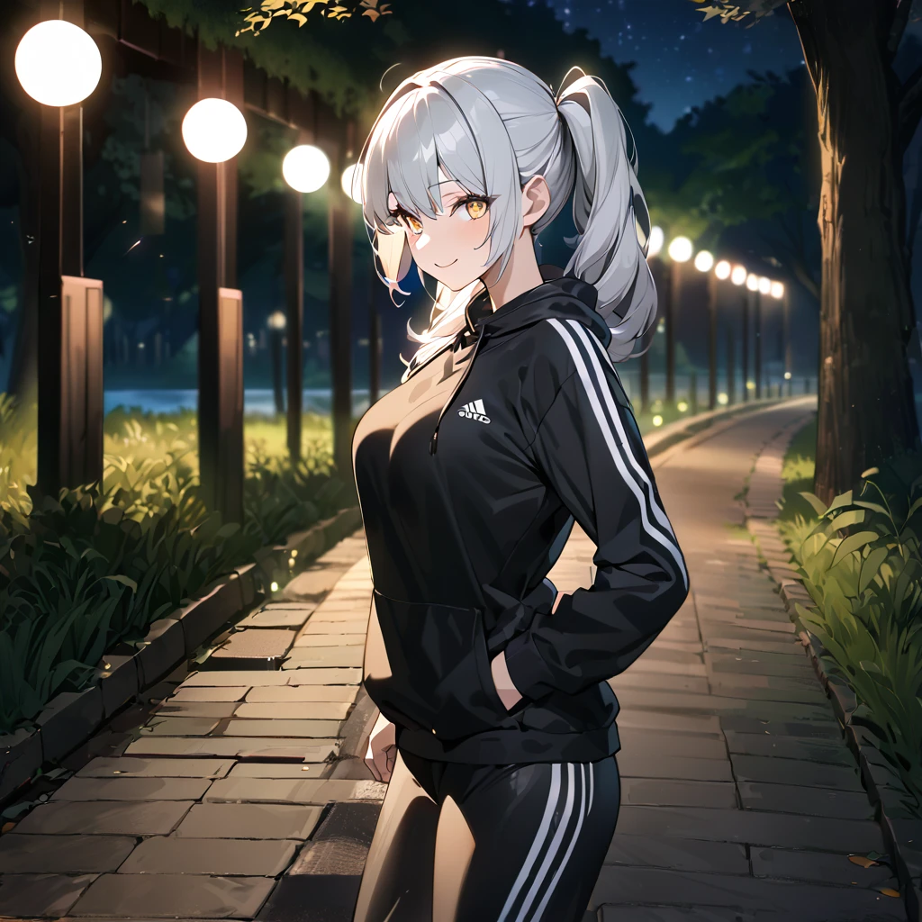 A woman wearing a black adidas sweatshirt, black adidas track pants, sports shoes, silver hair, pigtails, red bangs, multi-colored hair,a red fringe on the front of the hair, yellow eyes, smiling, big breasts walking on a sidewalk in a forest park at night, with illuminated location overlooking a lake on site, close view, UHD, prime work, accurate, anatomically correct, textured skin, super details, high quality, best quality, 8k, high resolution, bokeh effect. (woman alone)
