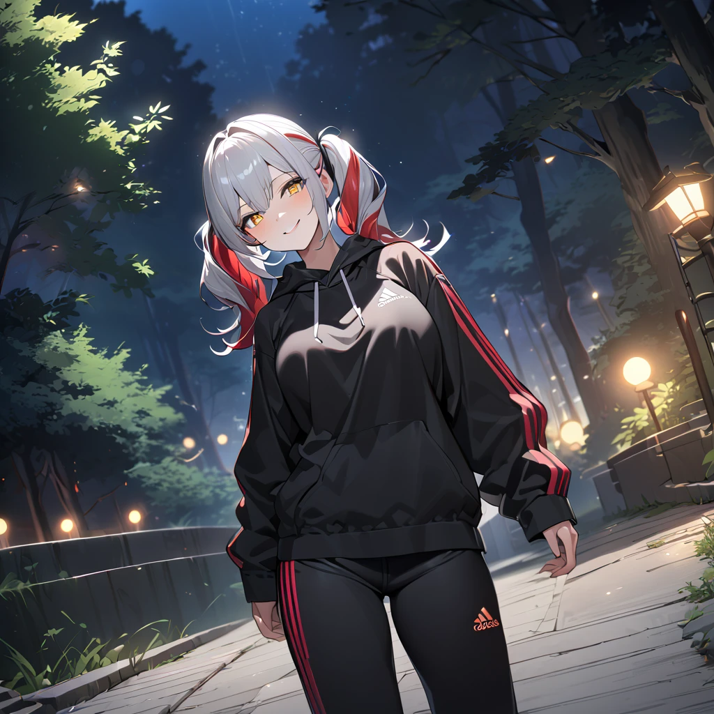 A woman wearing a black adidas sweatshirt, black adidas track pants, sports shoes, silver hair, pigtails, red bangs, multi-colored hair,a red fringe on the front of the hair, yellow eyes, smiling, big breasts walking on a sidewalk in a forest park at night, with illuminated location overlooking a lake on site, close view, UHD, prime work, accurate, anatomically correct, textured skin, super details, high quality, best quality, 8k, high resolution, bokeh effect. (woman alone)
