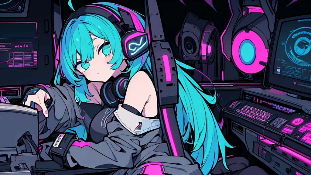 Best quality, (masterpiece:1.2), best detail face,1 girl, big breasts, 18 yo, 8k,absurdres,unity 8k wall paper,(extremely detailed:1.3), highest realistic, (retro headphones:1.1), (soft neon light:1.1), (floating hair:1.2), (psychedelic:1.2), Her room full of music equipment, Leaning back on the chair with a casual attitude, Light clothing in summer, dark grey color palette