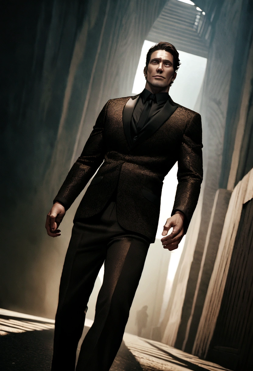 Cinematic photo, wide angle, of a handsome man, Tall and fit, 40 year old, shaven , short curly brown hair. Dark brown velvet fitted suit, The jacket has black flower patterns. minimalistic background, Clean composition, strong details, subdued colors, Hasselblad --cru style