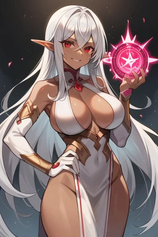 (masterpiece, best quality),dark elf,((dark skin)),long hair(silver hair),large breasts,((put one hand on hips)),hairs between eyes, crossed bangs,ruby red eyes,small eyes,white Leather light clothing,evil smile,slender body,battle aura,magic spell