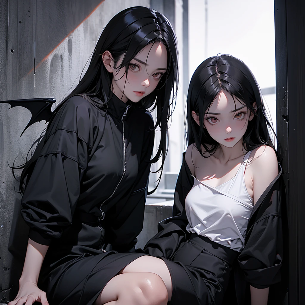 woman , very dark image, demon, injured black bat wings, white eyes, black hair, dark alley of the city, leaning on the walls, seriously injured , midnight , dark