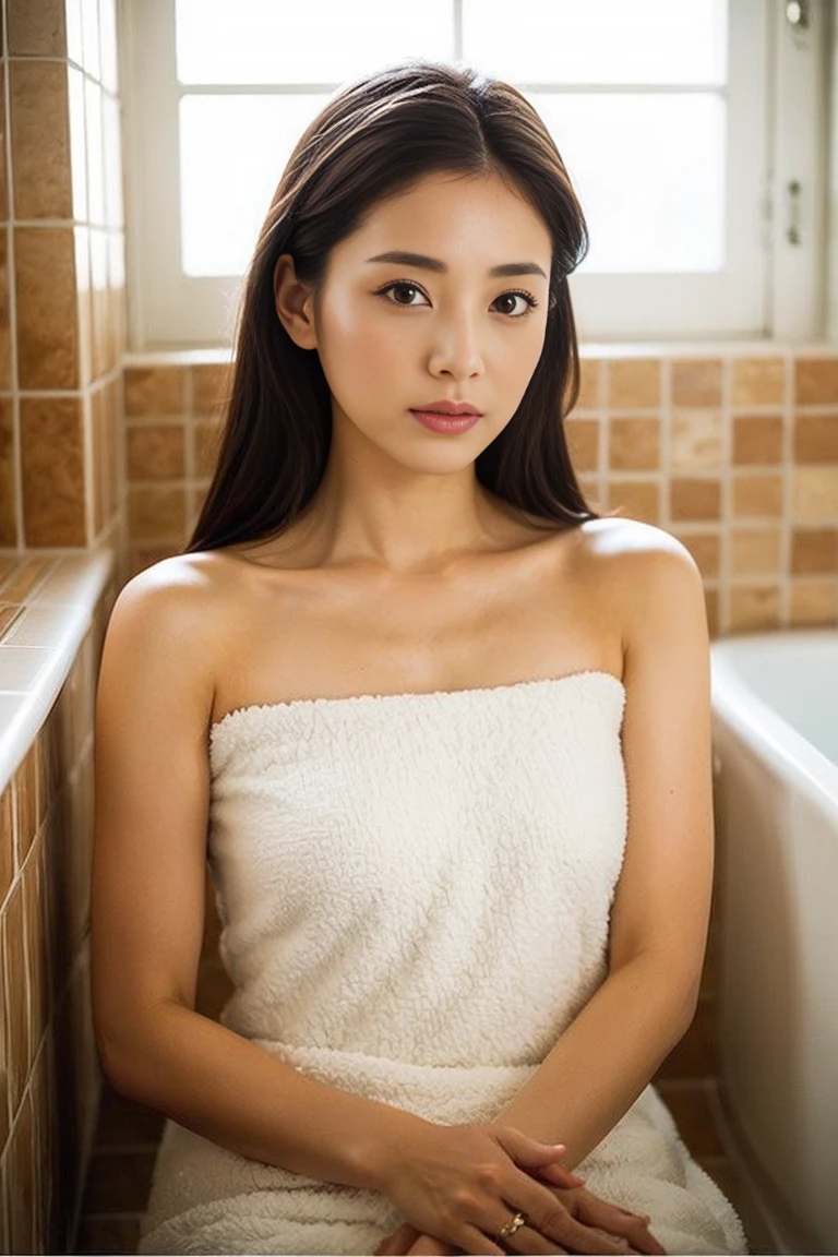 Sexiest towel wrap, She wraps herself in a towel after a shower, Different model poses, Attractive body, Professional photography, Perfect Face, Fine grain, Big Plans, In the sauna bath, session, Captivating looks