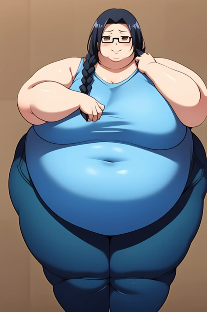 Anime Women, Lady、Black Hair, Forehead、Long braids、Glasses、Brown eyes、Are fat、Chubby、Voluptuous、obesity、Double chin、Cheek、Fat-covered neck、Big Breasts、Thick upper arms、tall、Denim jumpsuit、Sweat、blush