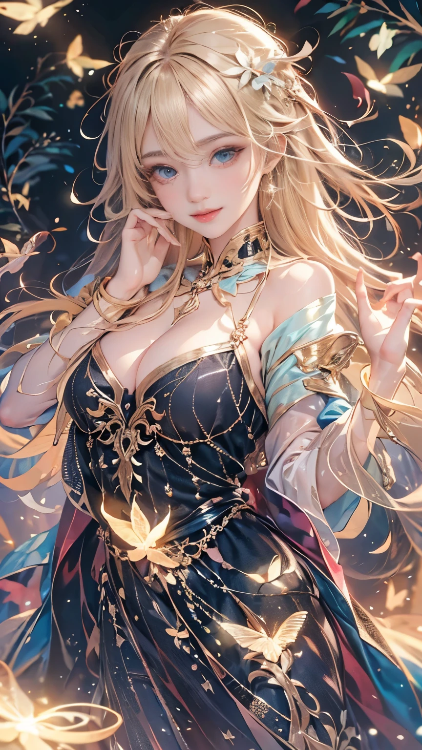 (8K, Highest quality, masterpiece: 1.2), (Realistic, photo Realistic: 1.37), Very detailed, One Girl, Wide viewing angles, Firefly Garden, Small faint lights and flying fireflies, night, Yasutomo Oka's Painting style, Large, firm, swaying bust, I can see her cleavage, Intricate details, Splash screen, 8K resolution, masterpiece, A kind smile, Mysterious Background, aura, A gentle gaze, break, blonde, Dynamic sexy pose,