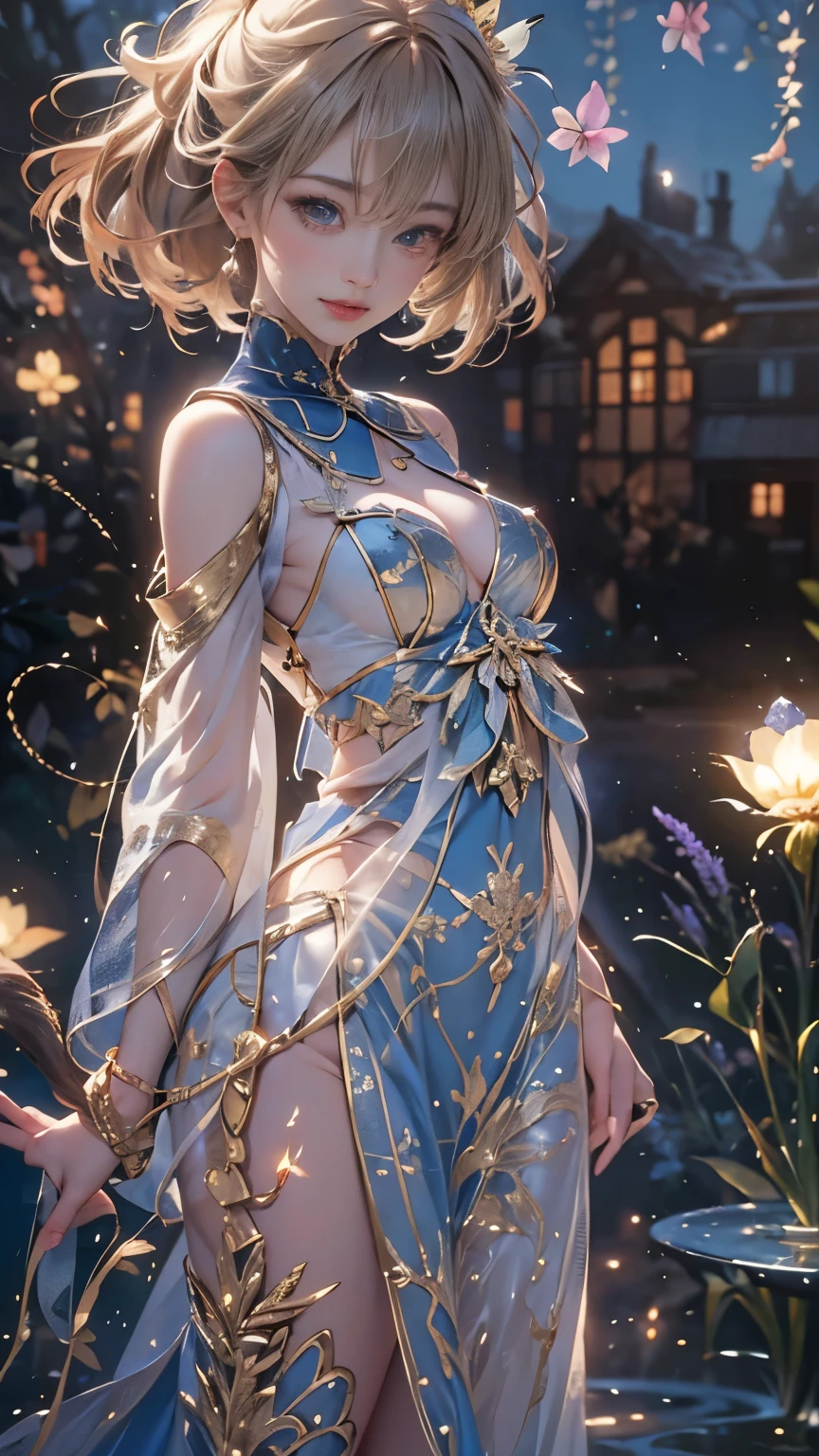 (8K, Highest quality, masterpiece: 1.2), (Realistic, photo Realistic: 1.37), Very detailed, One Girl, Wide viewing angles, Firefly Garden, Small faint lights and flying fireflies, night, Yasutomo Oka's Painting style, Large, firm, swaying bust, I can see her cleavage, Intricate details, Splash screen, 8K resolution, masterpiece, A kind smile, Mysterious Background, aura, A gentle gaze, break, blonde, Dynamic sexy pose,